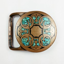 Vtg 1975 Tech Ether Guild Turquoise Inlay Brass Belt Buckle - Baldric