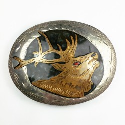 VTG Western Elk Deer Coral Inlay Silver Brass Belt Buckle