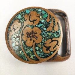 VTG 1975 Tech Ether Guild Flower Turquoise Inlay Hippie Belt Buckle - Poppy