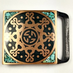 1974 Tech Ether Guild "Mandala" Turquoise Inlay Abstract Art Brass Belt Buckle