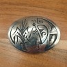 Vintage Hopi Pueblo Mitchel Sockyma MS Kokopelli Corn Overlay Sterling Silver Belt Buckle