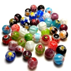 Millefiori Flower Lampwork Glass Round Beads 6mm (65 Pcs)