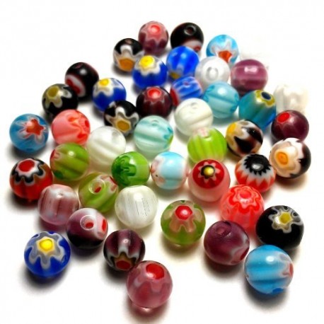 Millefiori Flower Lampwork Glass Round Beads 6mm (65 Pcs)