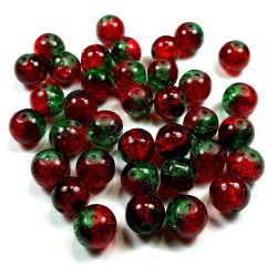 2-tone 10mm Round Crackle Lampwork Glass Beads Red/green "Candy Apple" (30 Pcs)